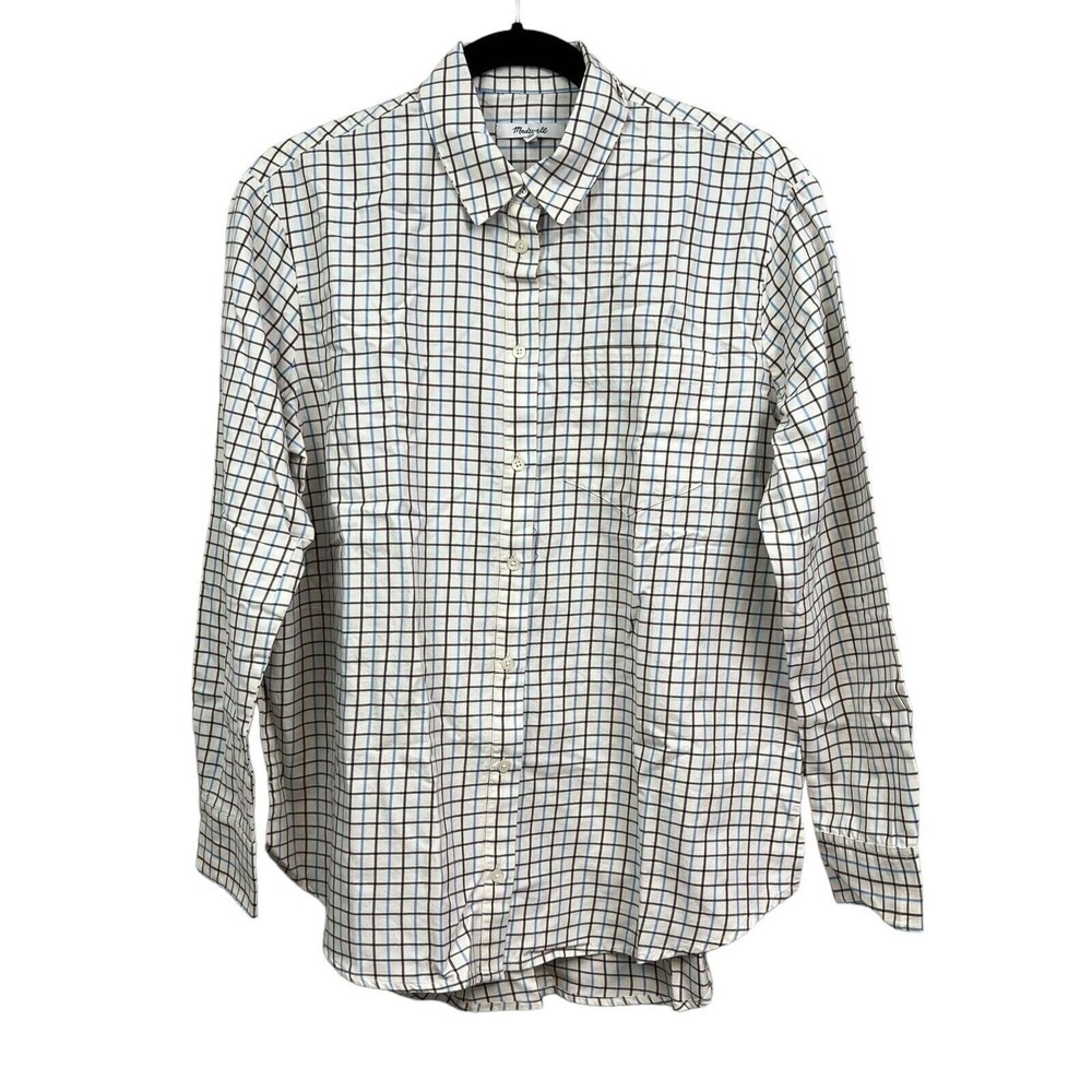 Madewell Womens Plaid Shirt Ex-Boyfriend Oversize Button Up Pocket Cream Size S*